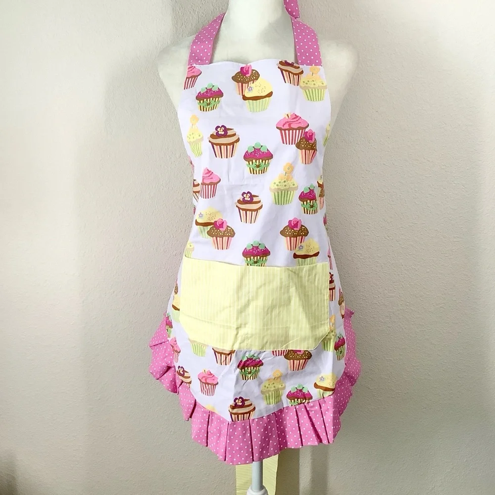 FLIRTY APRONS Novelty Cupcake Print Apron Ruffle Pockets Baker Pastry Chef Pink - Picture 2 of 9